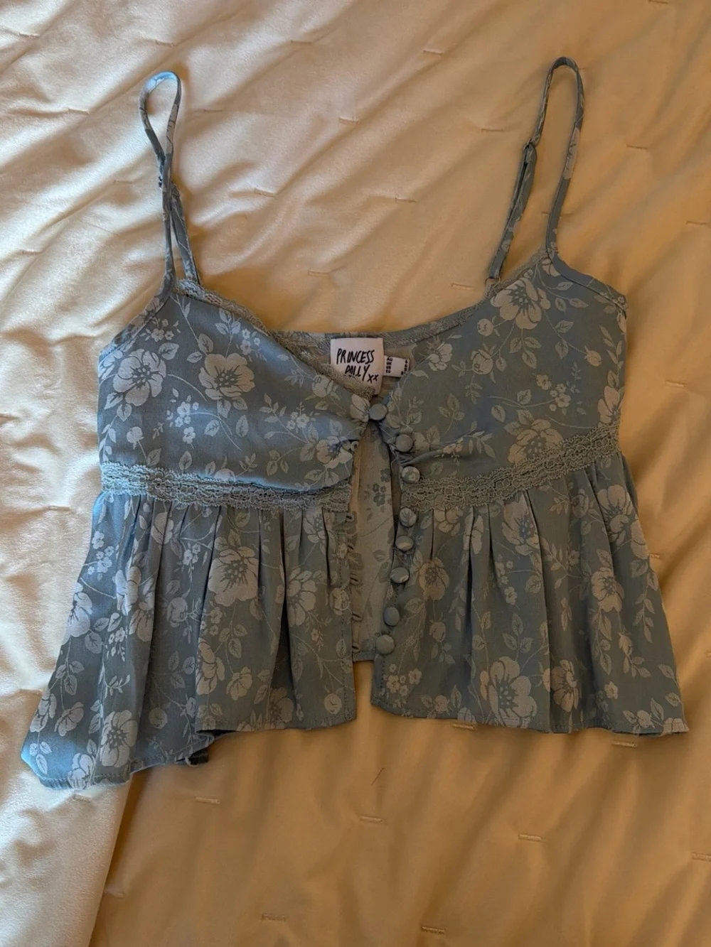 Princess Polly Dusty Blue Floral Lace-Trim Cami